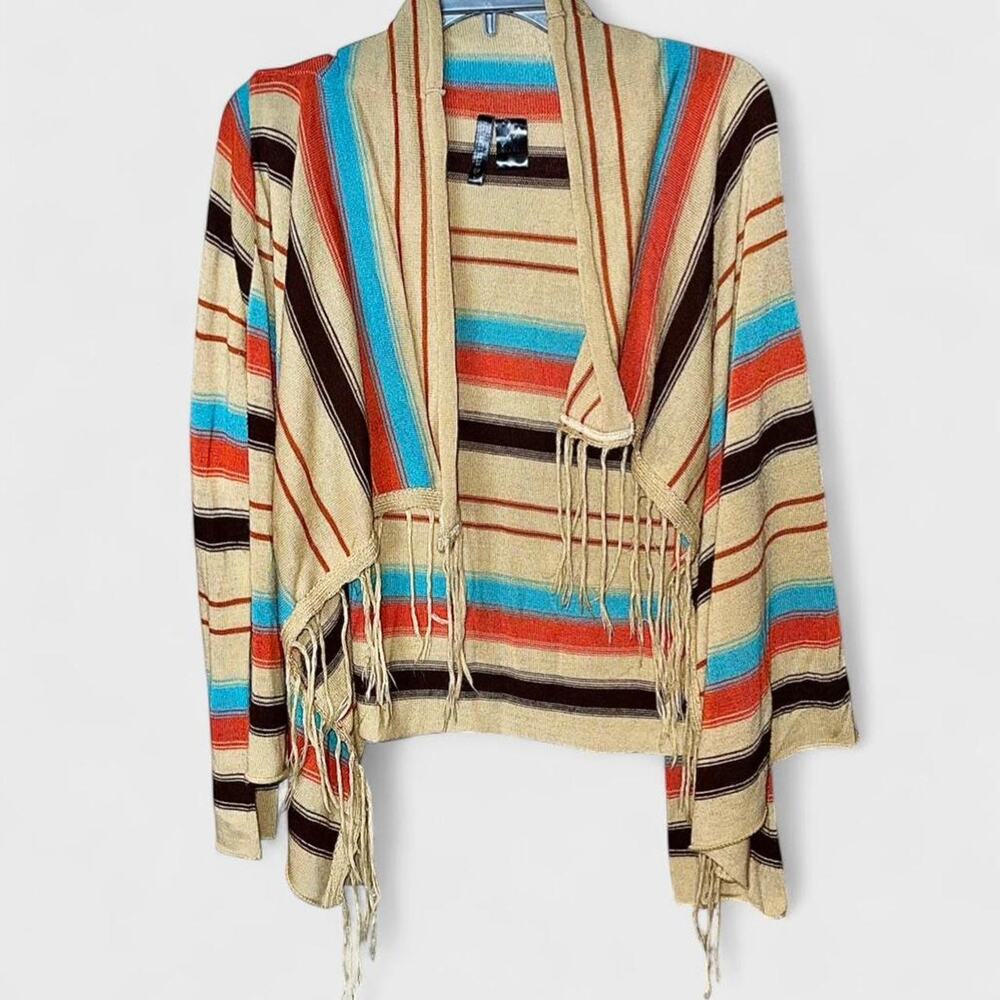 Full Tilt Fringe Multicolor Striped Long Sleeve Long Open Wrap Cardigan - Size L